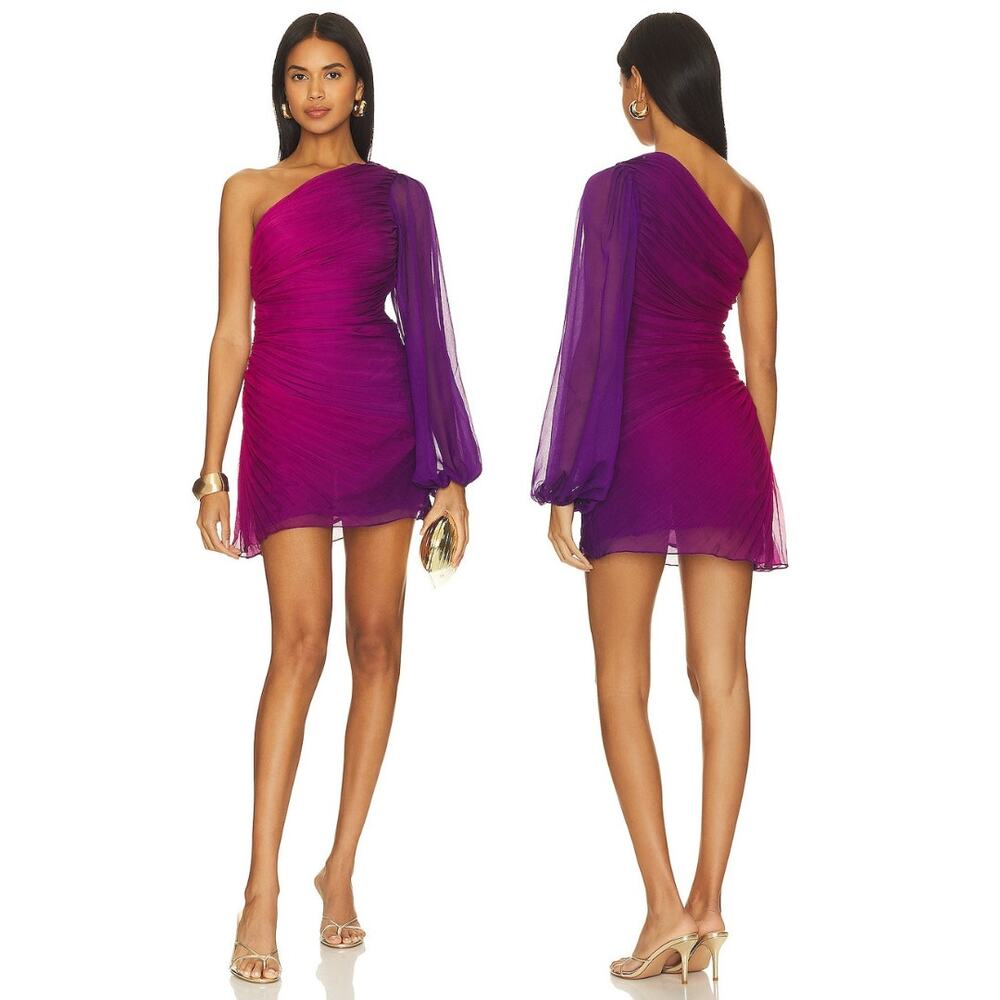 Rococo Sand Paige Dress One Shoulder Ruched Asymmetrical Hem Blouson Sleeve S
